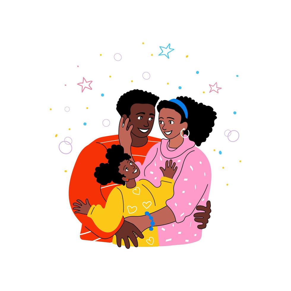 feliz familia afroamericana en coloridos suéteres de invierno, riendo y abrazándose tiernamente vector