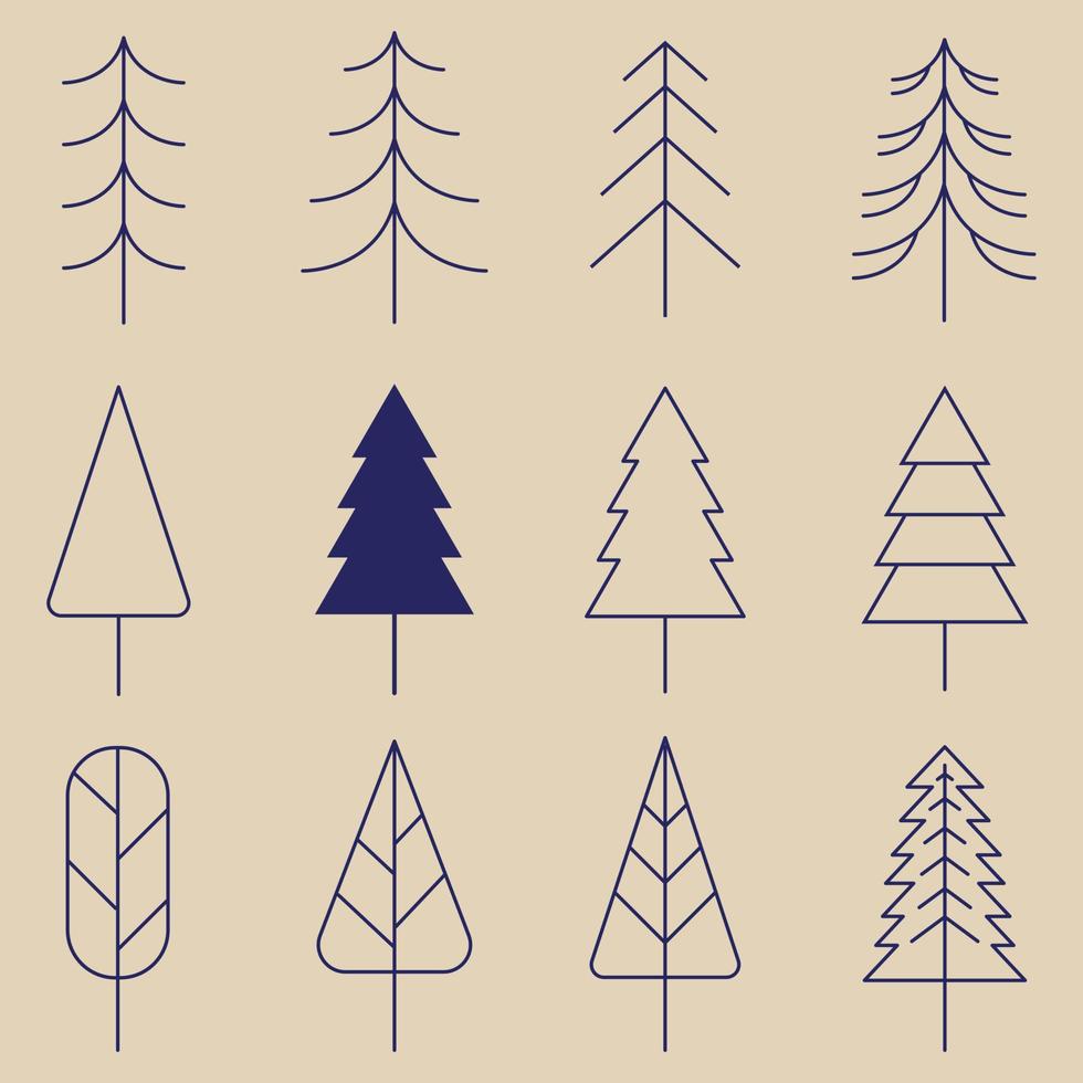 Set of Minimal line art and vintage pine tree icon creative design vector