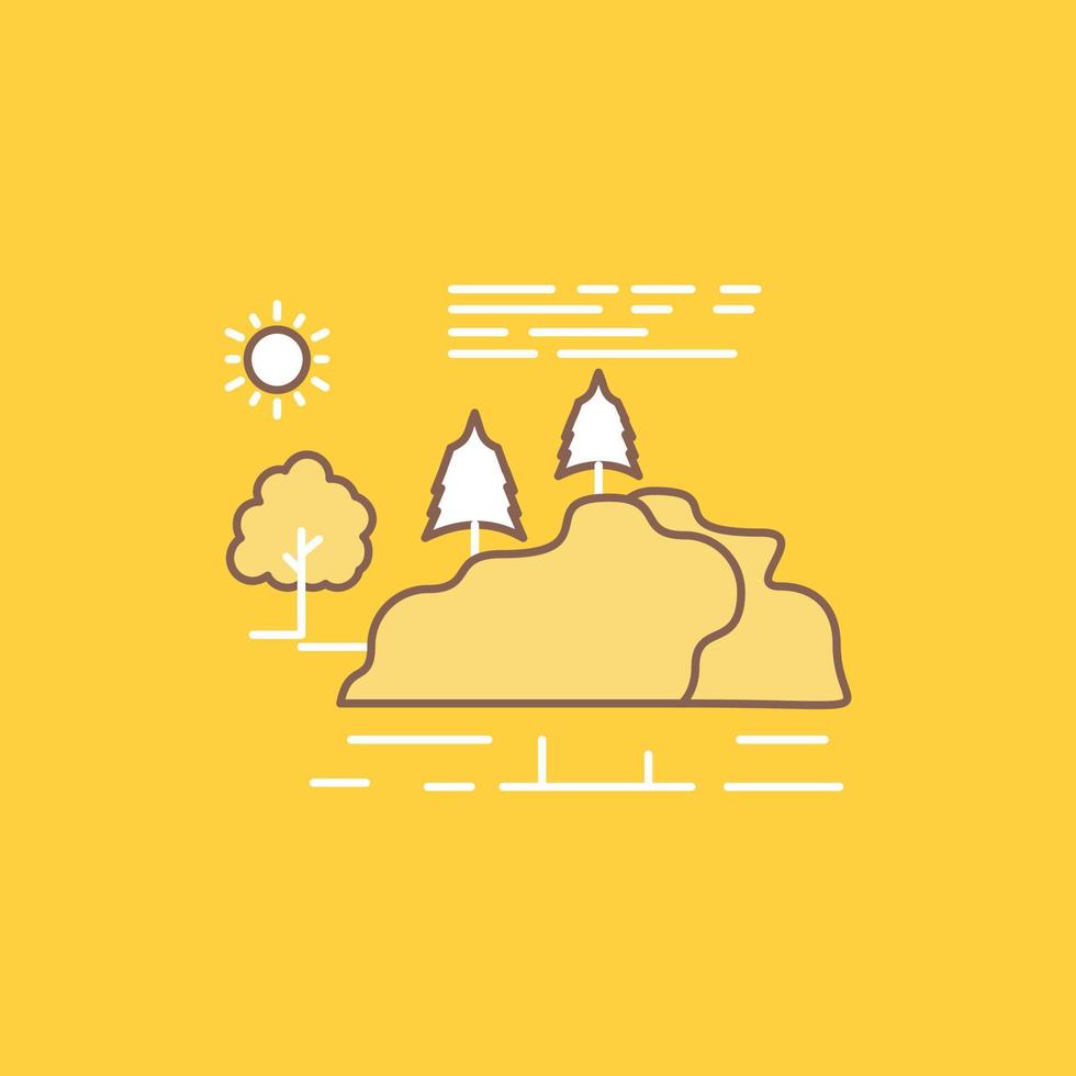 hill. landscape. nature. mountain. rain Flat Line Filled Icon. Beautiful Logo button over yellow background for UI and UX. website or mobile application vector