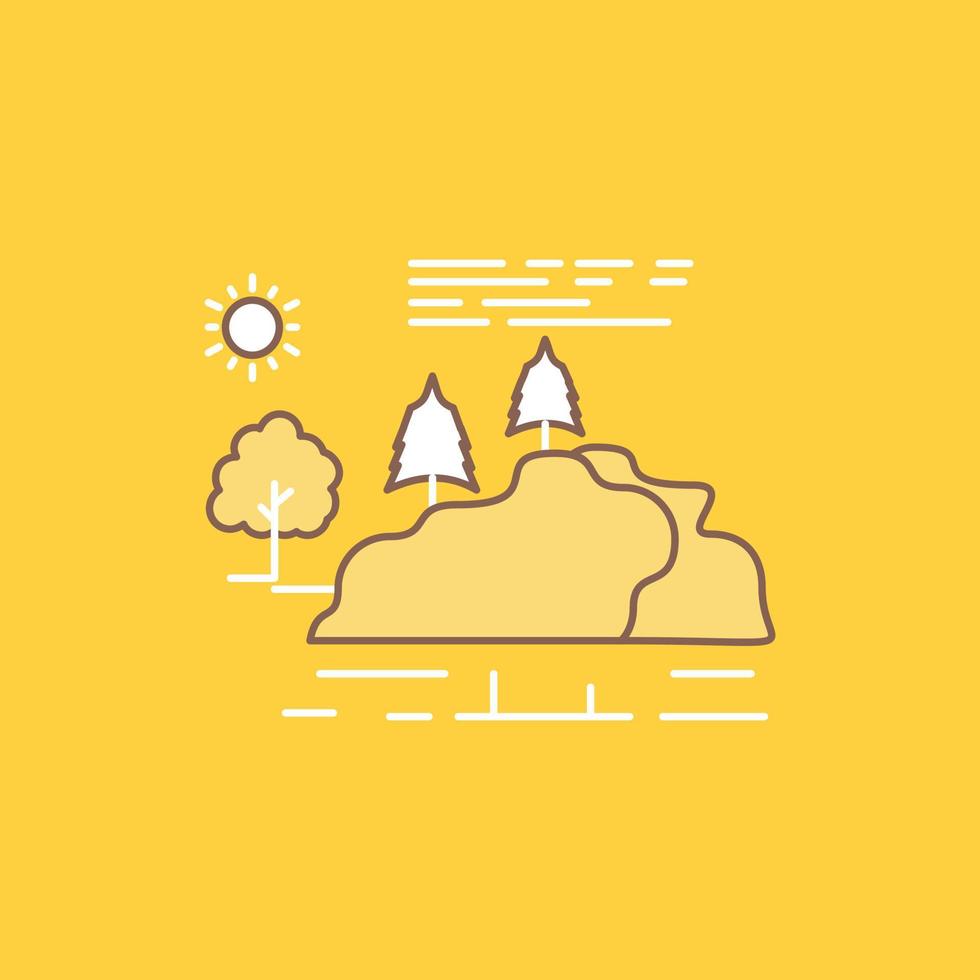 Cerro. paisaje. naturaleza. montaña. icono lleno de línea plana de lluvia. hermoso botón de logotipo sobre fondo amarillo para ui y ux. sitio web o aplicación móvil vector