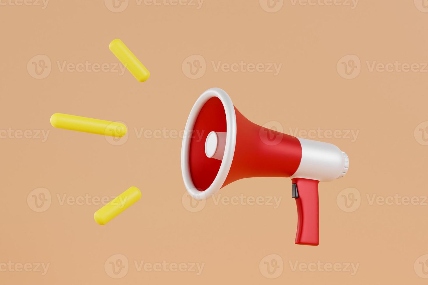 Realistic Megaphone, white and red loudspeake on brown background, 3D mock up. 3D render illustration. photo