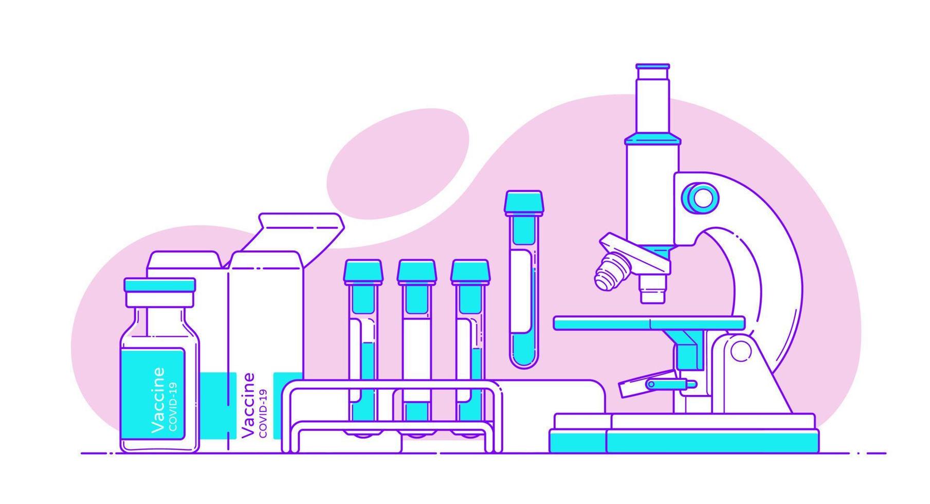 Illustration with microscope, blood test tube, covid vaccine in flat style with outline. Set of objects for medical design, icon, logo, infographics. Chemical laboratory research. Vector template