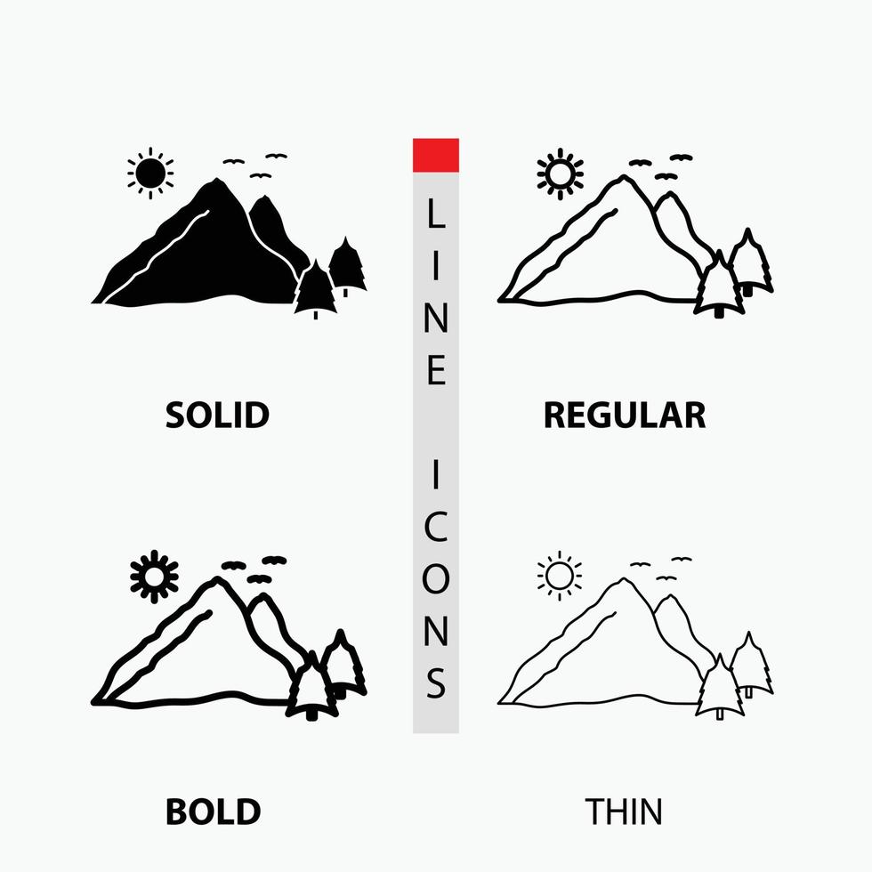 mountain. landscape. hill. nature. scene Icon in Thin. Regular. Bold Line and Glyph Style. Vector illustration