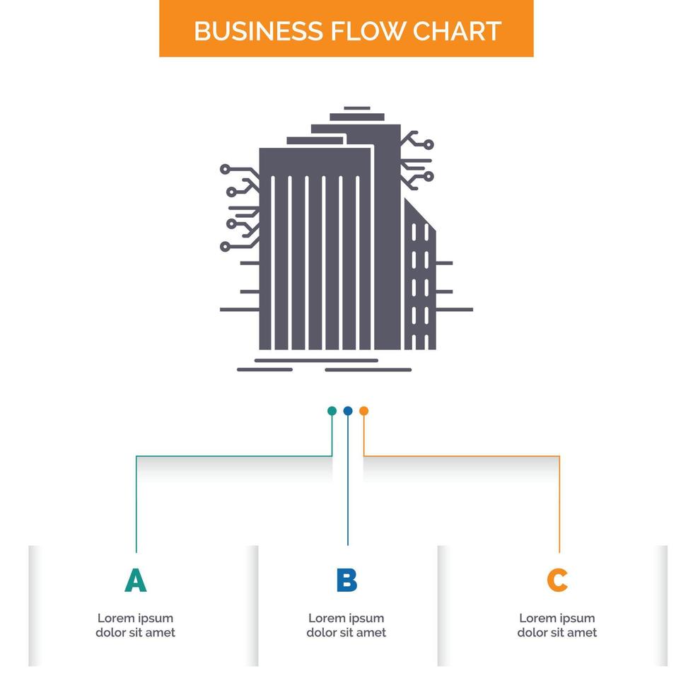 edificio. tecnología. ciudad inteligente. conectado. diseño de diagrama de flujo de negocios de Internet con 3 pasos. icono de glifo para el lugar de plantilla de fondo de presentación para texto. vector