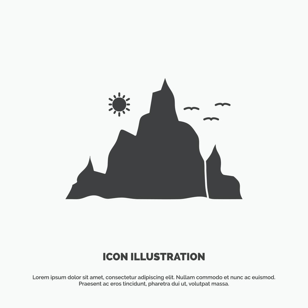 montaña. paisaje. Cerro. naturaleza. icono del sol. símbolo gris vectorial de glifo para ui y ux. sitio web o aplicación móvil vector