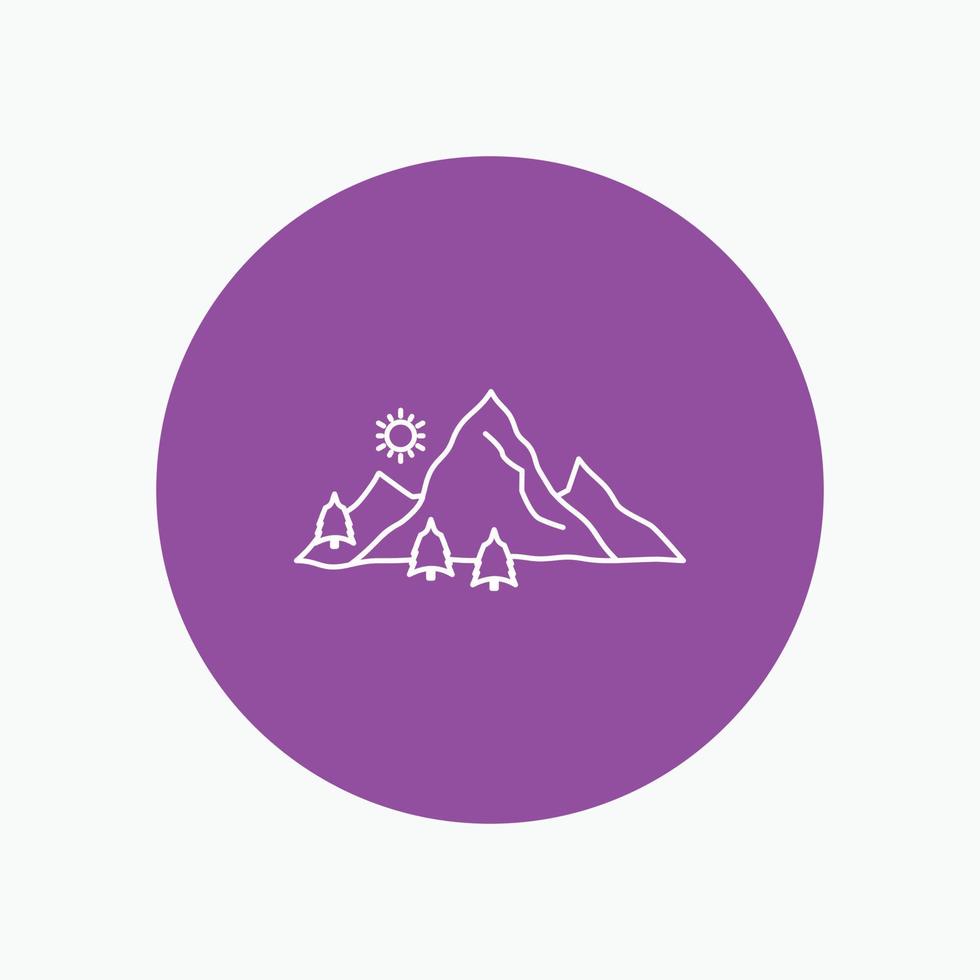 mountain. landscape. hill. nature. tree White Line Icon in Circle background. vector icon illustration
