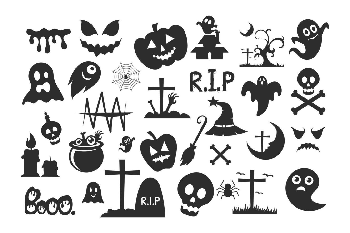 Spooky decorations zombie hands, scary tree, ghosts, haunted house, Halloween silhouettes, icons vector