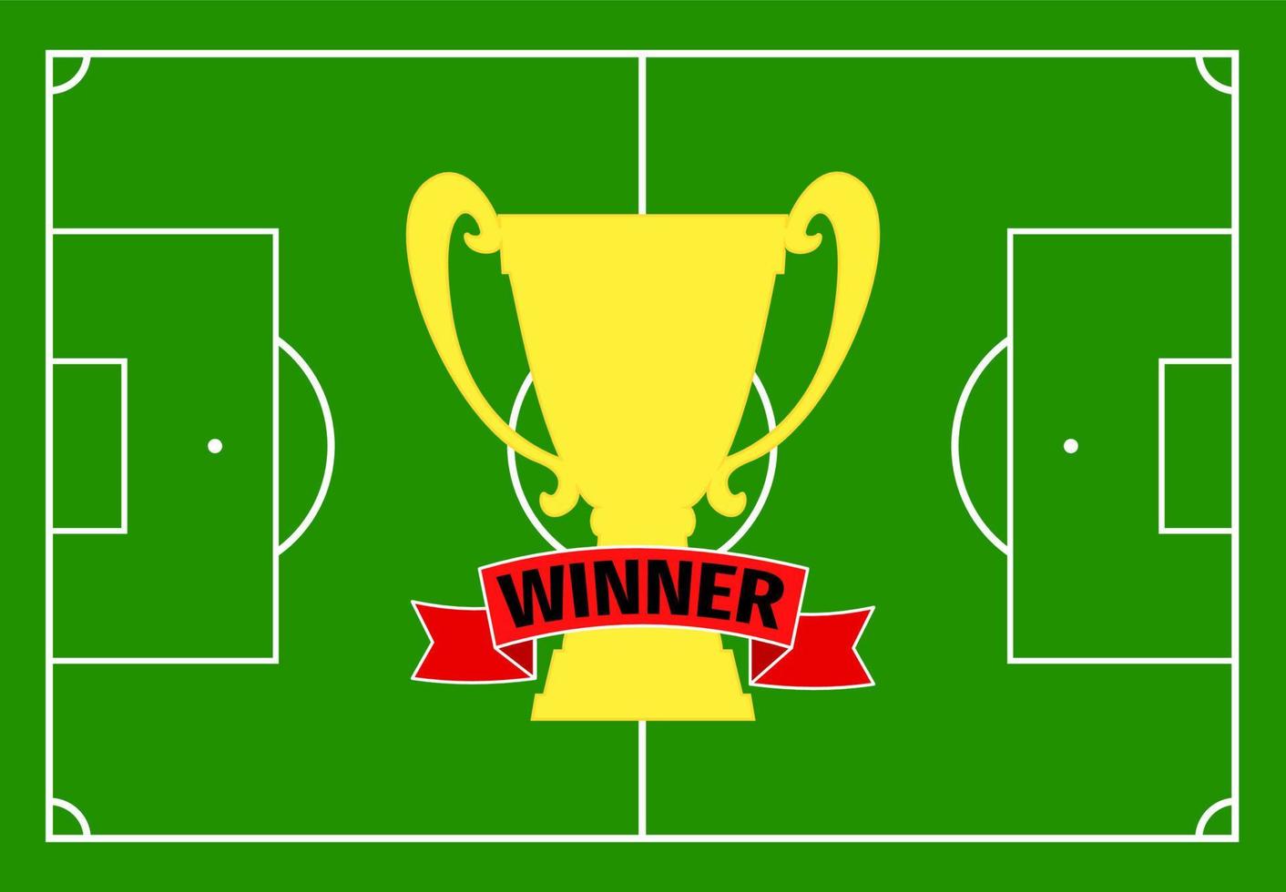 Football field with green grass and with a gold cup with a red ribbon. Vector illustration