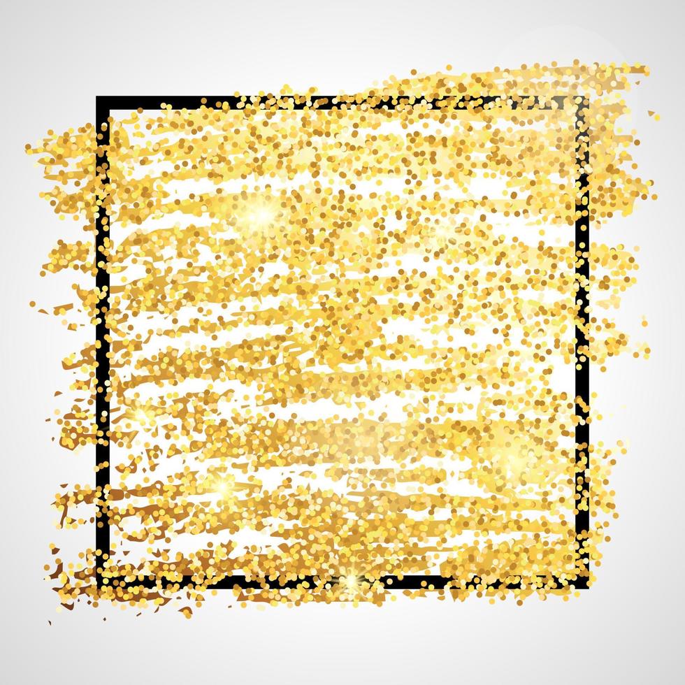 Golden Paint Glittering backdrop with black square frame on a white background. Background with gold sparkles and glitter effect. Empty space for your text. Vector illustration