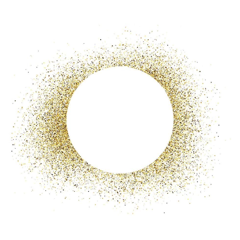 Greeting card with white round frame on golden glitter background. Empty white background. Vector illustration.