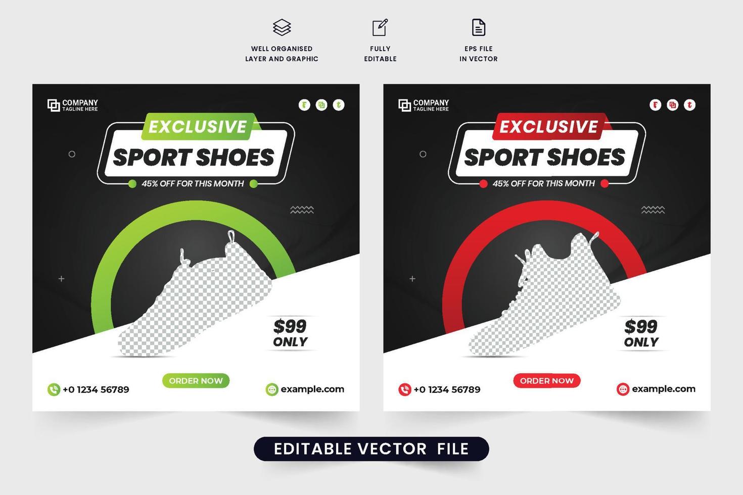 Sportswear and shoe-selling business advertisement template vector with green and dark colors. Minimal sneaker sale template design for digital marketing. Sports shoe sale social media post vector.