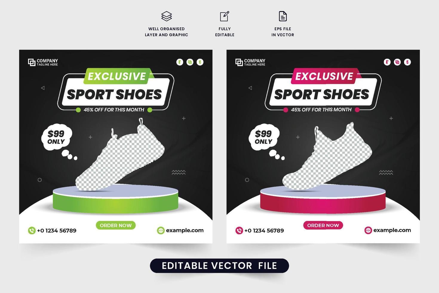 Exclusive shoe sale social media post vector with green and red colors. Modern sneakers sale template design for sports fashion marketing. Sports shoe brand promotion template vector.