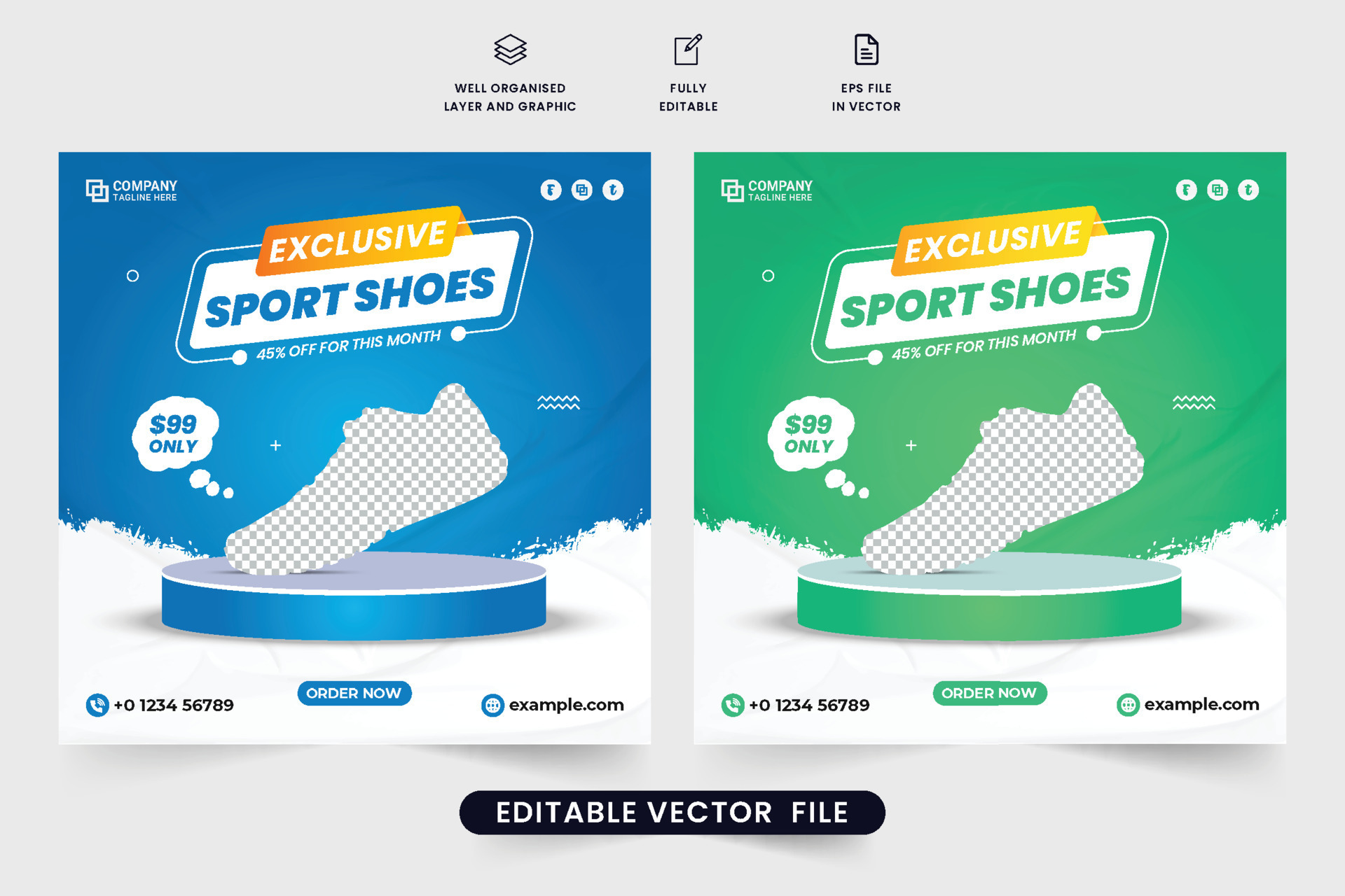 Exclusive sports shoe business template design with blue and green
