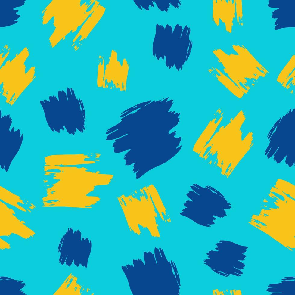 Seamless pattern with yellow and blue hand drawn scribble smear on blue background. Abstract grunge texture. Vector illustration