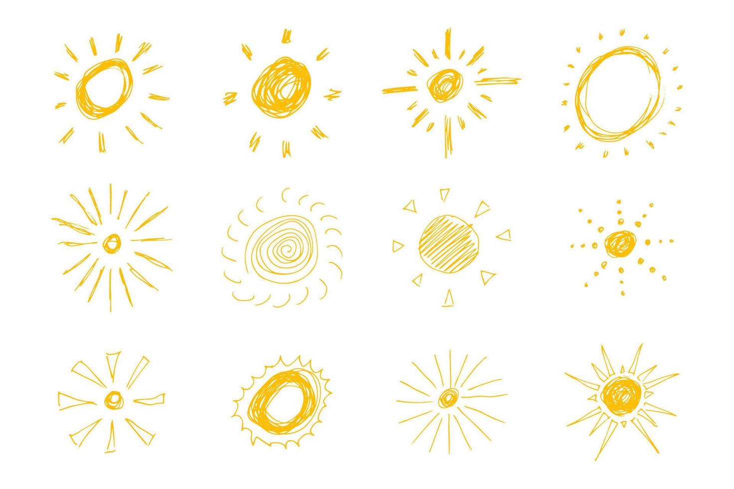 soles dibujados a mano. gran conjunto de soles de boceto simple. símbolo solar. garabato amarillo aislado sobre fondo blanco. ilustración vectorial vector