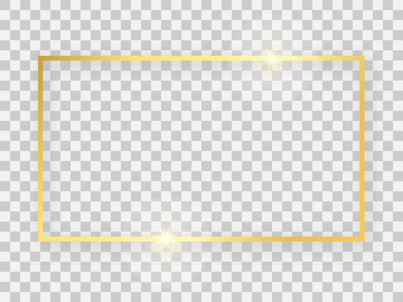 Gold shiny 16x9 rectangular frame with glowing effects and shadows on transparent background. Vector illustration