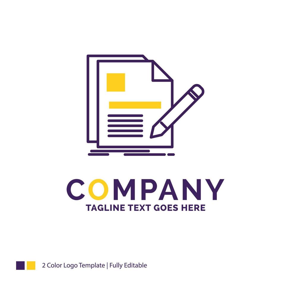 Company Name Logo Design For document. file. page. pen. Resume. Purple and yellow Brand Name Design with place for Tagline. Creative Logo template for Small and Large Business. vector