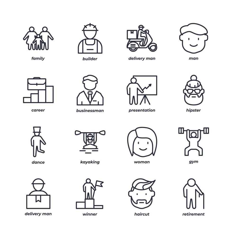 conjunto de iconos de línea de personas, colección de símbolos vectoriales de contorno, paquete de pictogramas de estilo lineal. signos, ilustración de logotipo. vector