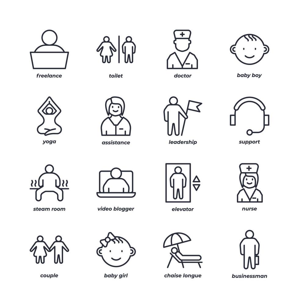 conjunto de iconos de línea de personas, colección de símbolos vectoriales de contorno, paquete de pictogramas de estilo lineal. signos, ilustración de logotipo. vector