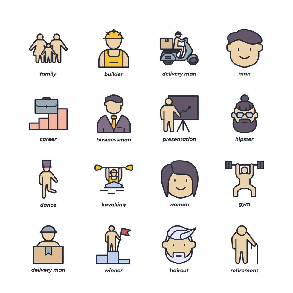 people elements collection, flat icons set, Colorful symbols pack. Vector illustration. Flat style design