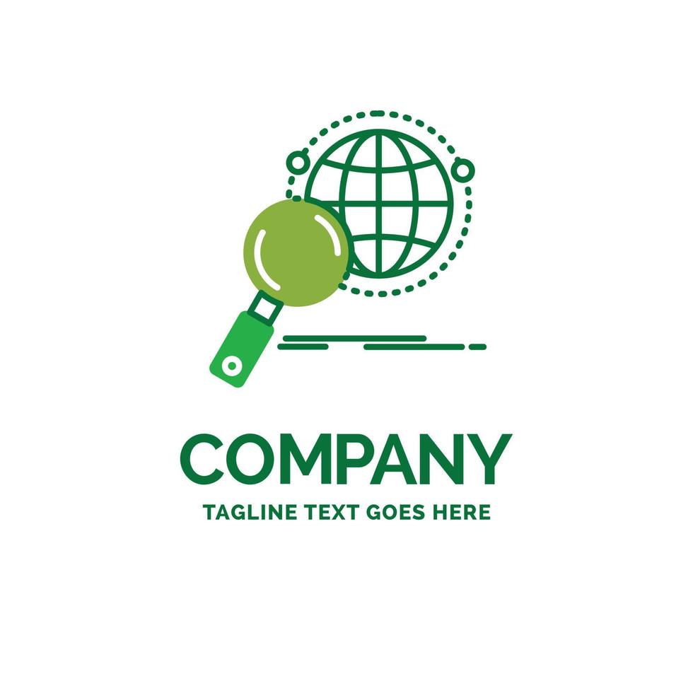 global. globe. magnifier. research. world Flat Business Logo template. Creative Green Brand Name Design. vector