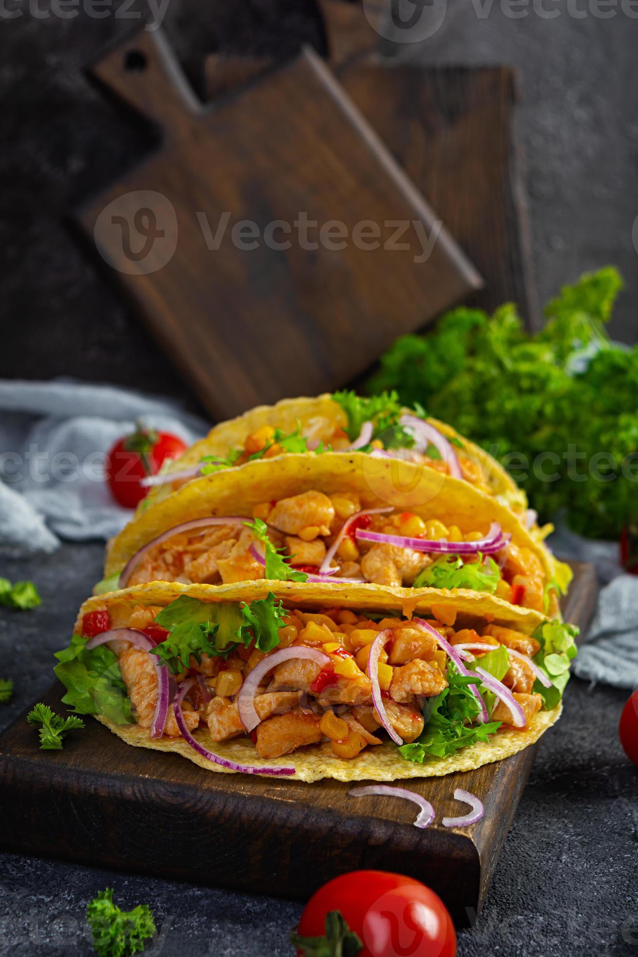 Mexican tacos with corn tortilla. Tortilla with chicken meat, corn
