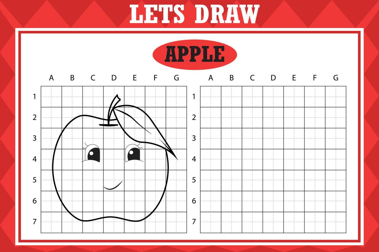 dibuja una linda manzana. hoja de trabajo de copia de cuadrícula. juego educativo para niños. actividad de dibujo para niños pequeños y niños. hoja de trabajo de práctica de dibujo de vacaciones de vector. vector