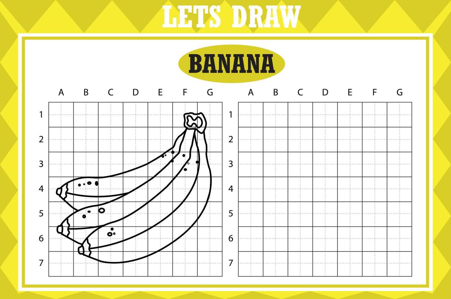 Draw cute banana. Grid copy worksheet. educational children game. Drawing activity for toddlers and kids. Vector Holiday drawing practice worksheet.
