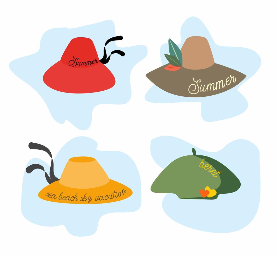 Summer hats holidays. Beret, hat, 4 hats vector