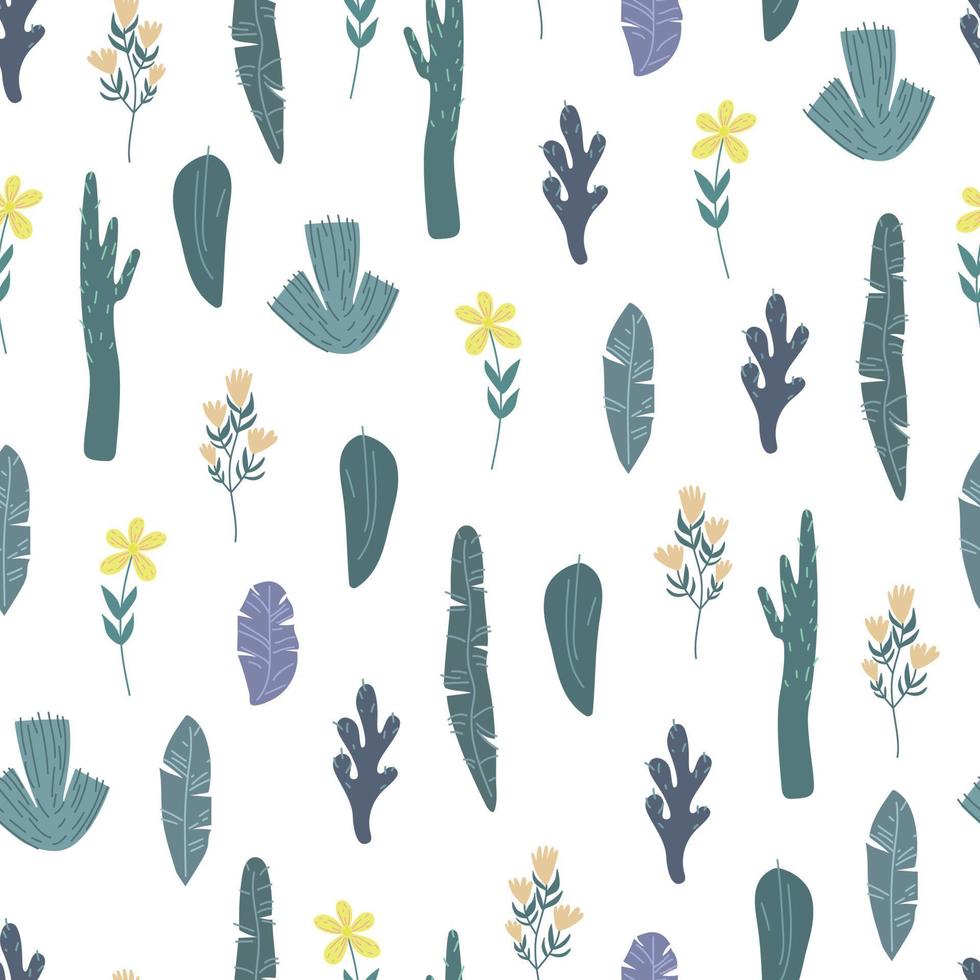 Seamless vector pattern with leaves and flowers in doodle style.