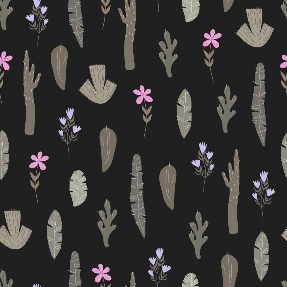 Seamless vector pattern with leaves and flowers in doodle style.