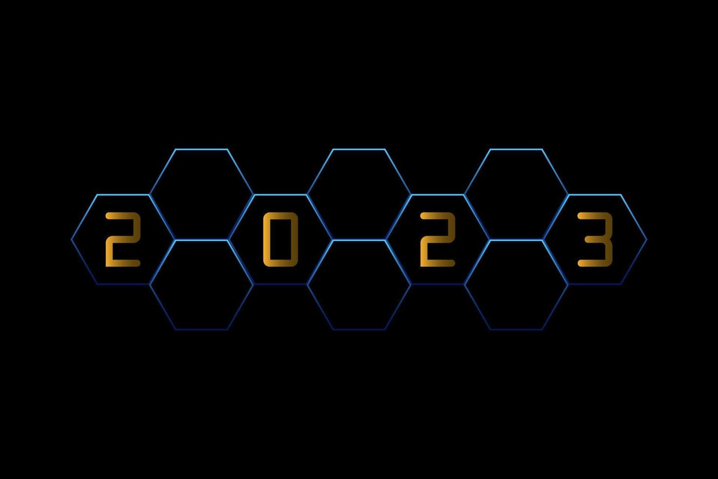 feliz año nuevo. gloden de 2023 con línea azul hexagonal sobre fondo negro. vector