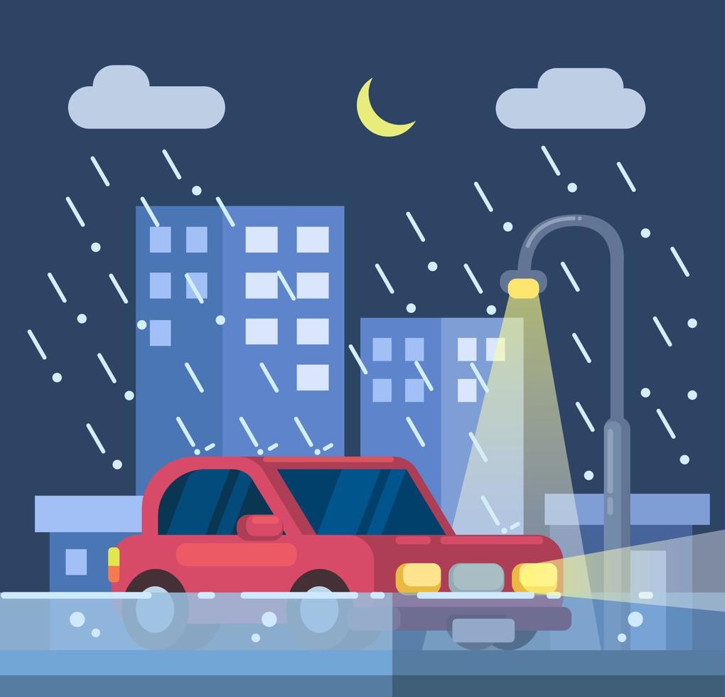 Car at raining night and flood disaster scene illustration vector