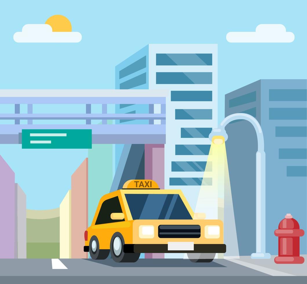 Taxi in The City at Day Time scene illustration vector