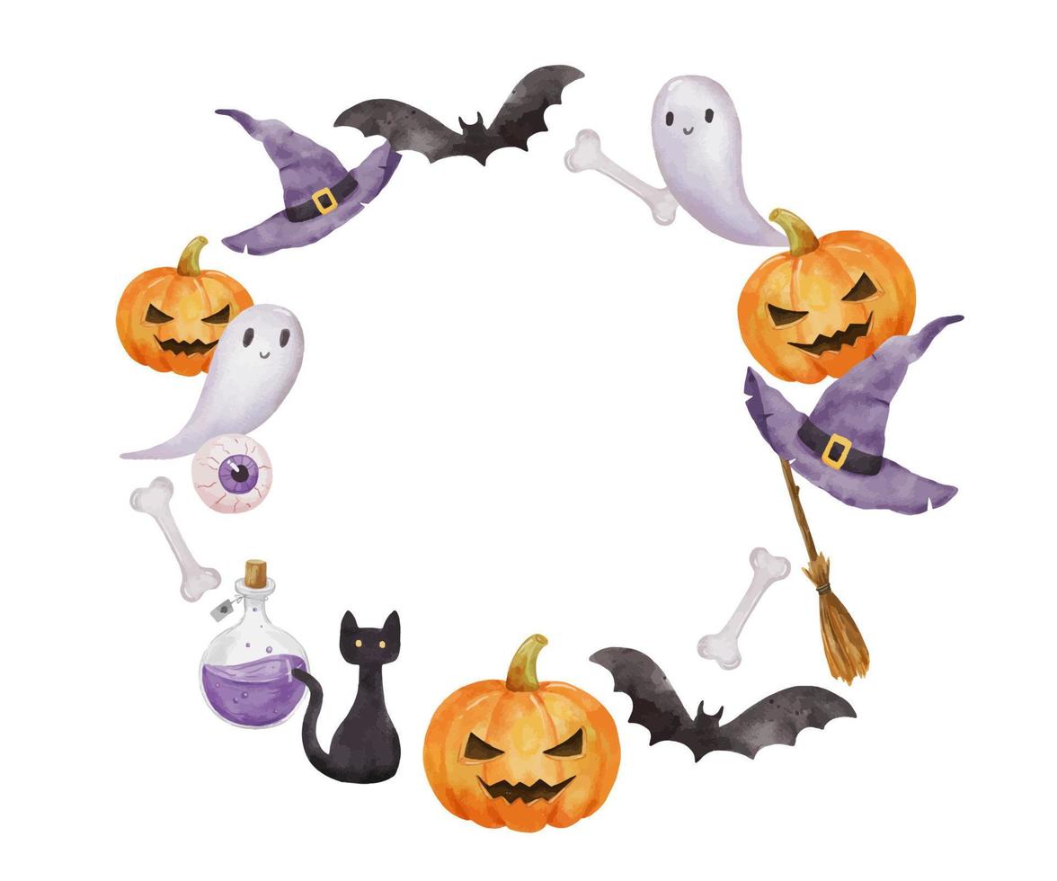 marco redondo de halloween con murciélago, fantasma y calabaza. corona de dibujo acuarela aislada en blanco. vector