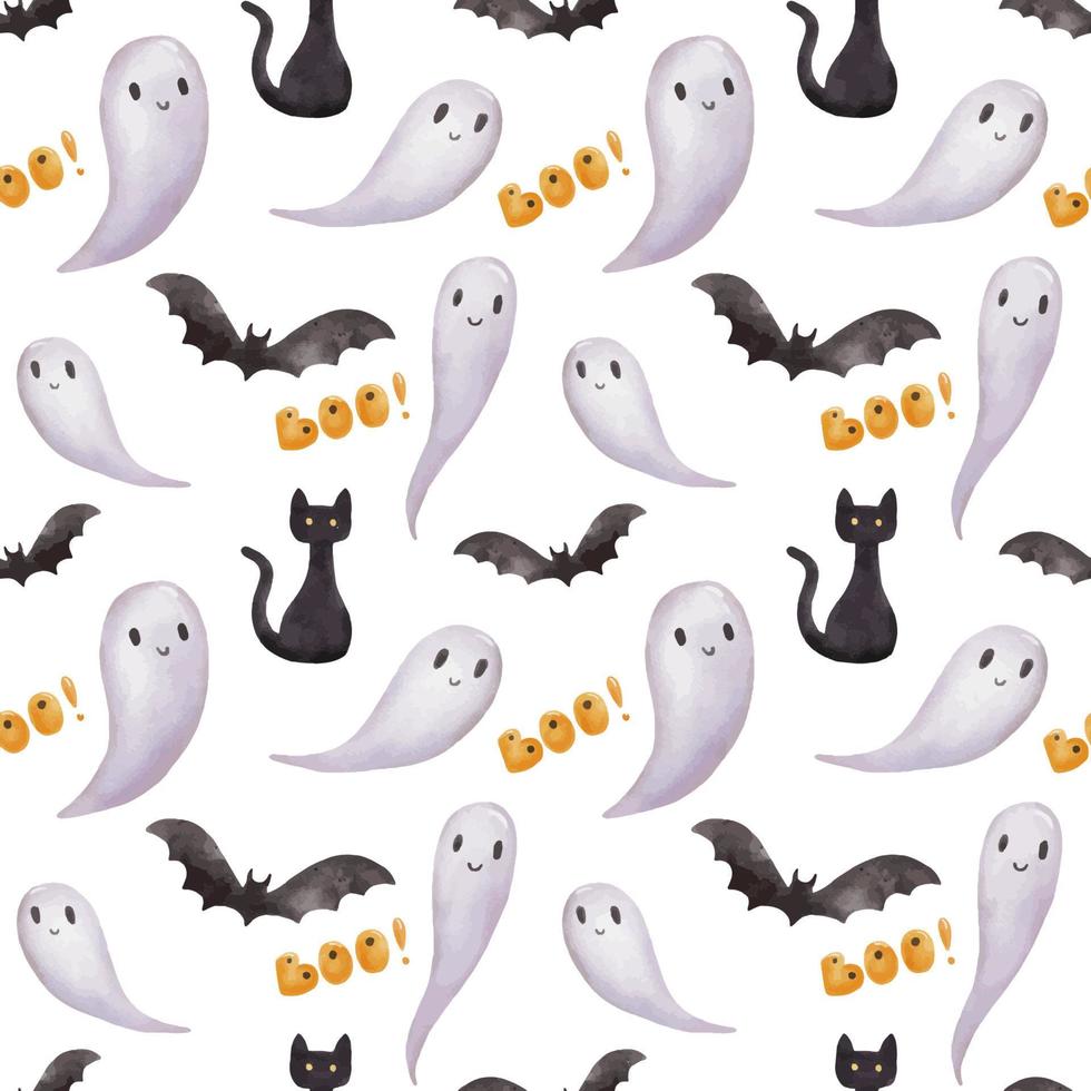 Seamless pattern for Halloween party with ghost and bat. Bright watercolor endless pattern on white vector