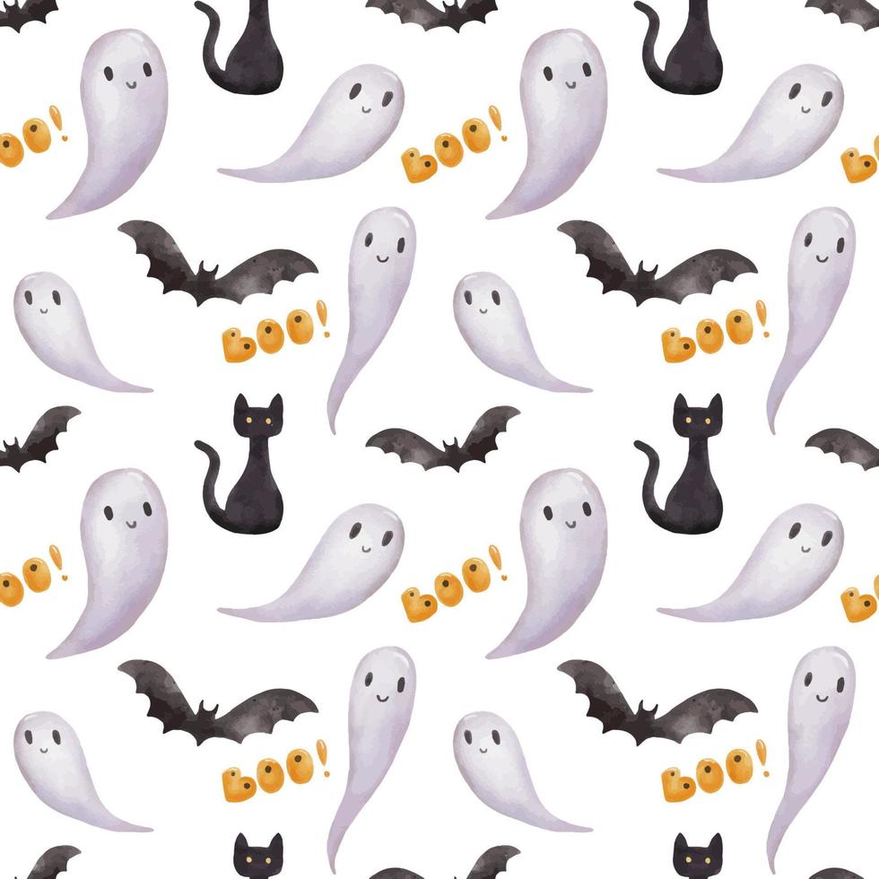 Seamless pattern for Halloween party with ghost and bat. Bright watercolor endless pattern on white vector