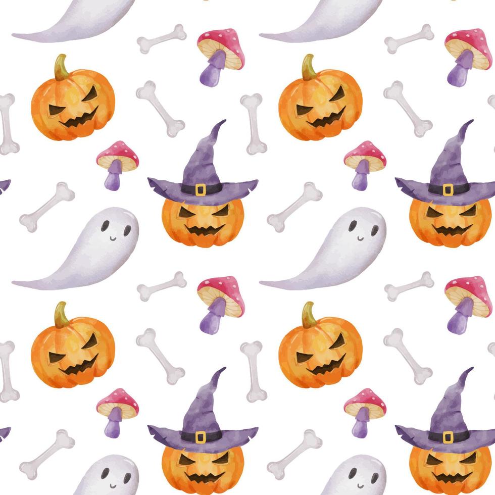 Seamless pattern for Halloween party. Pumpkin, witch hat and ghost. Bright watercolor endless pattern with bones on white vector