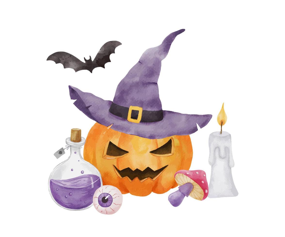 Halloween composition for card. Pumpkin, bat, witch hat and eye. Bright watercolor illustration isolated on white vector