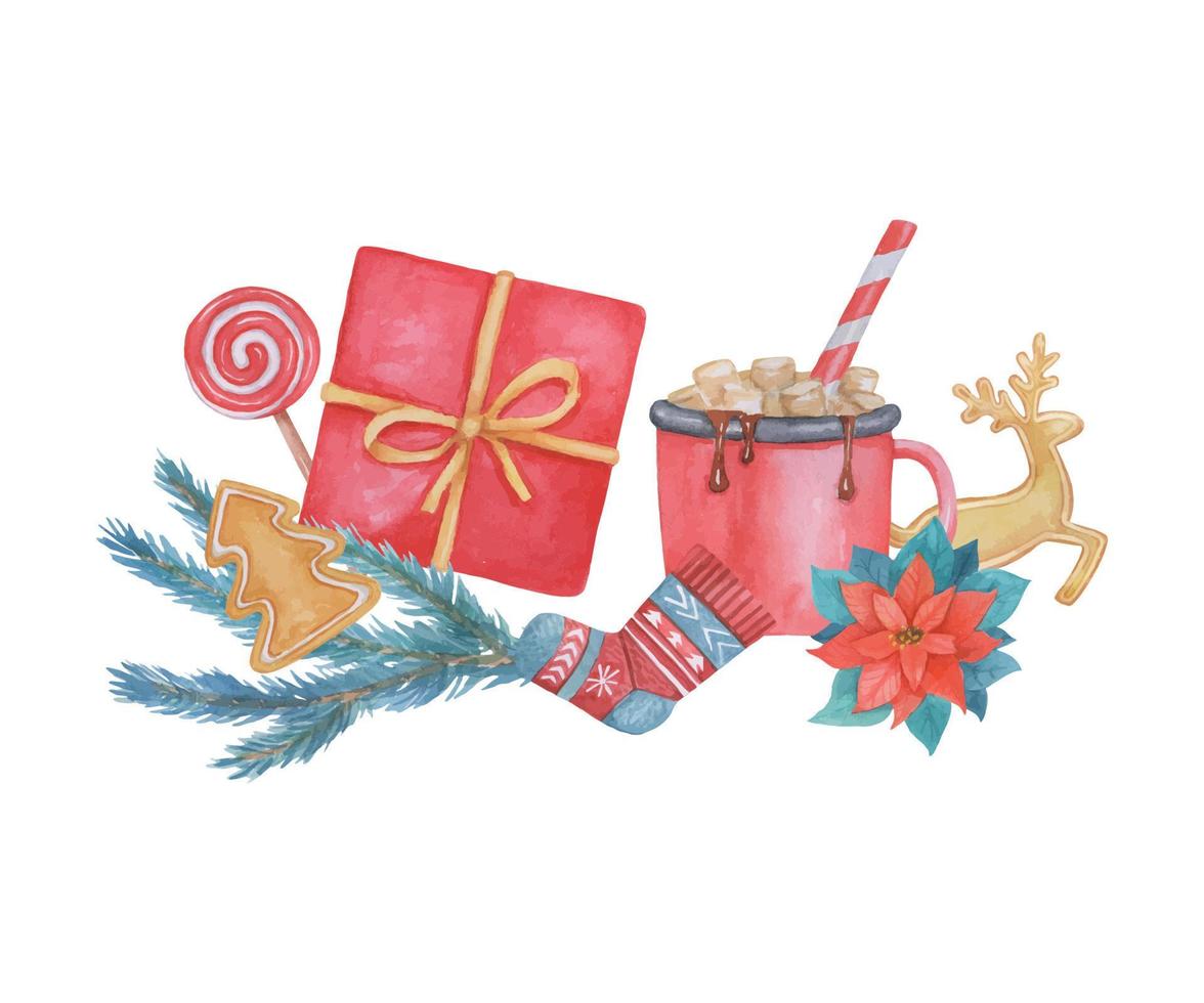 composición de elementos navideños para tarjeta. chocolate caliente acuarela con bastón de caramelo de navidad con malvavisco y calcetín aislado sobre fondo blanco. vector