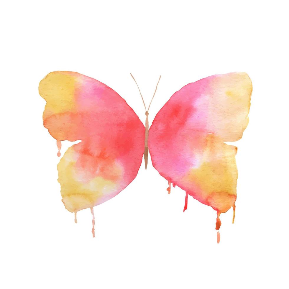 Watercolor butterfly with drips of paint isolated on white background. Pink hand painted illustration vector