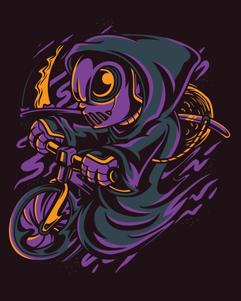 ilustraciones vectoriales de un personaje alienígena que lleva una capa de parca mientras lleva una bicicleta vector