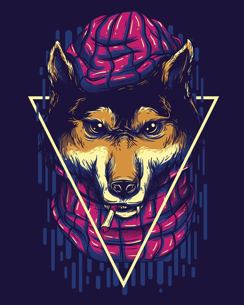 vector illustration artwork of a wolf character who looks cold then wears a hat and a scarf while enjoying a cigarette