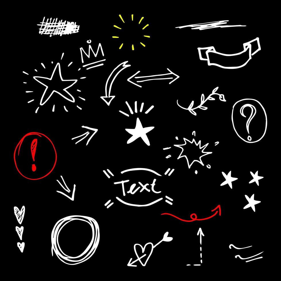 Doodle elements for concept design on set. isolated on black background. Infographic elements. Emphasis, curly swishes, swoops, swirl, arrow, heart, crown, star. vector illustration.