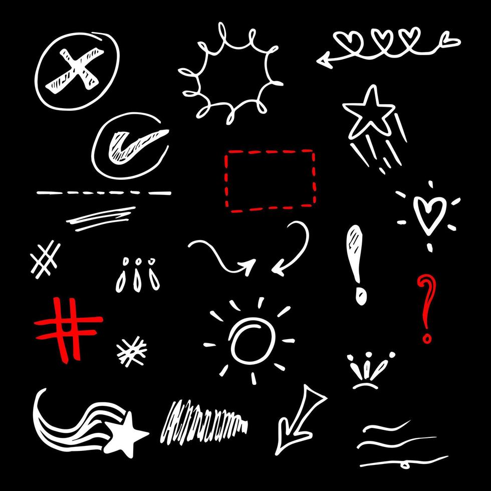 Doodle elements for concept design on set. isolated on black background. Infographic elements. Emphasis, curly swishes, swoops, swirl, arrow, heart, crown, star. vector illustration.