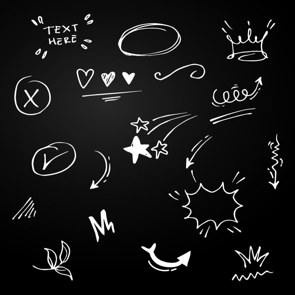 Doodle elements for concept design on set. isolated on black background. Infographic elements. Emphasis, curly swishes, swoops, swirl, arrow, heart, crown, star. vector illustration.