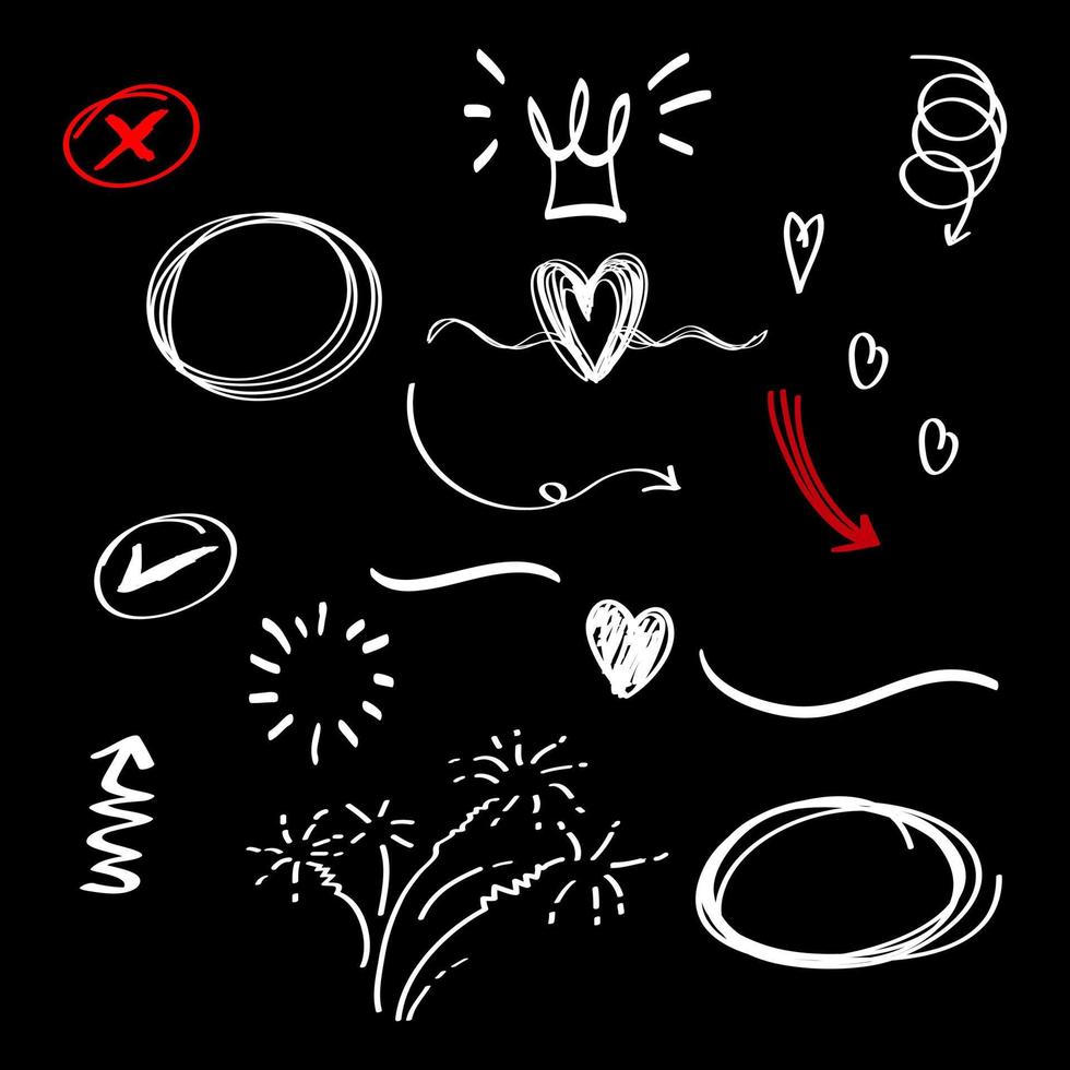 Doodle elements for concept design on set. isolated on black background. Infographic elements. Emphasis, curly swishes, swoops, swirl, arrow, heart, crown, star. vector illustration.