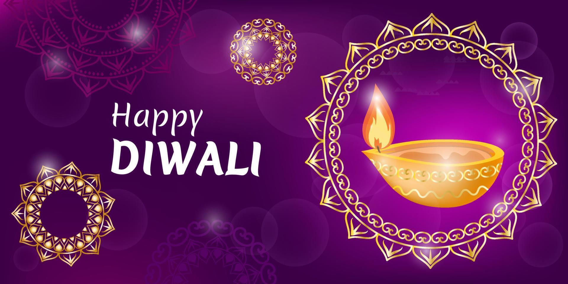 Happy Diwali celebration background. Website header or banner design with realistic oil lamp on purple background for festival of lights Diwali. vector