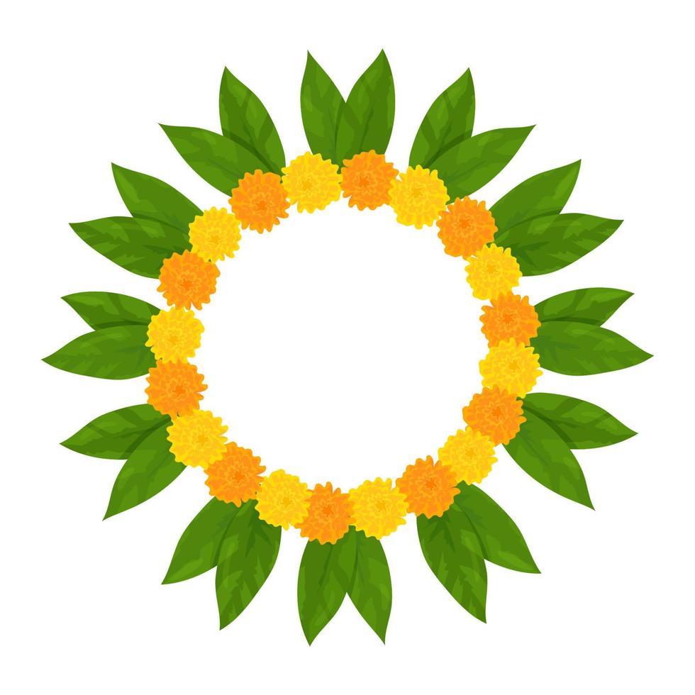 Traditional Indian flower garland frame with marigold flowers and mango leaves. Decoration for Indian Hindu holidays. Vector illustration isolated on white background.