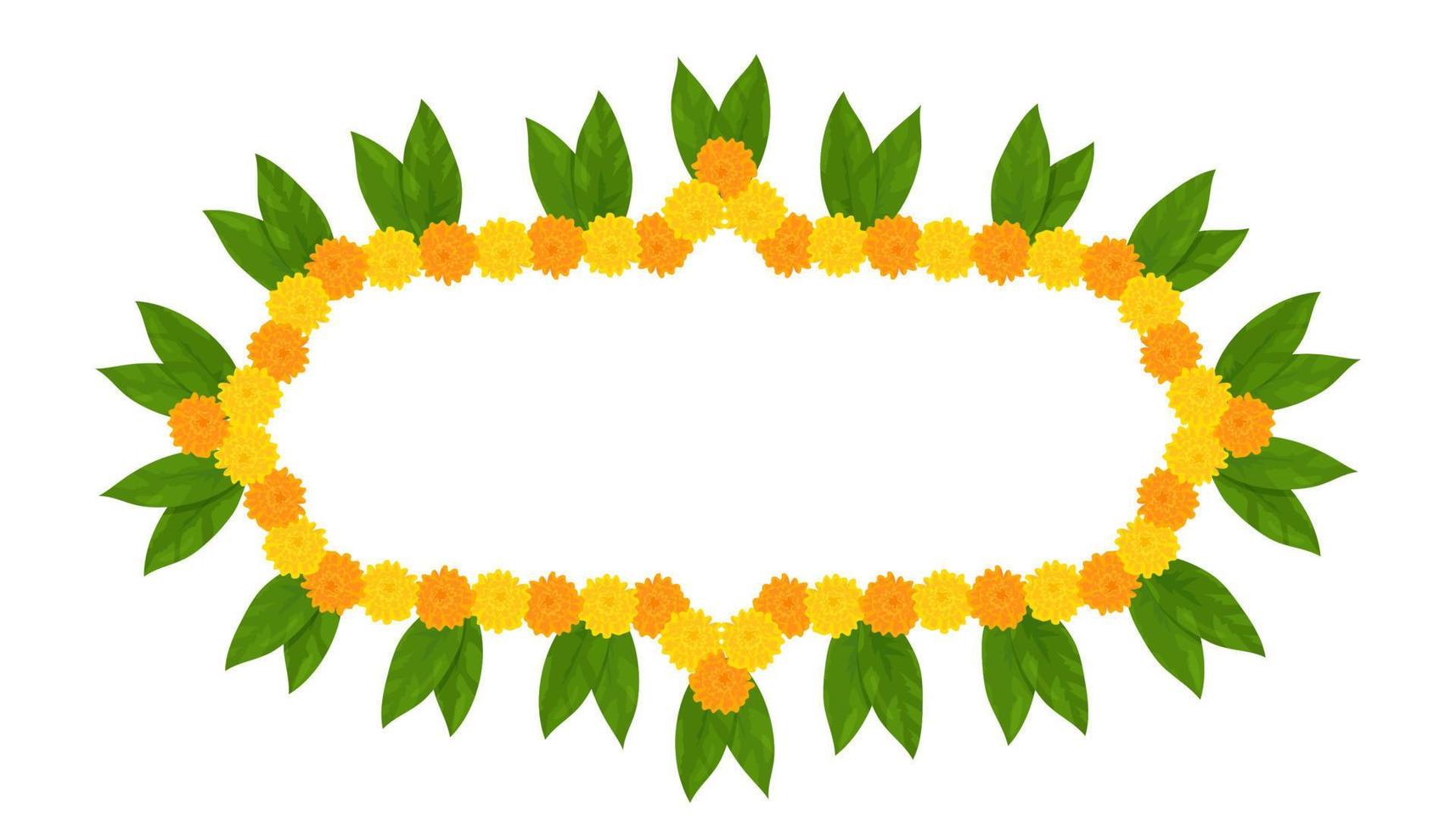 Traditional Indian flower garland frame with marigold flowers and mango leaves. Decoration for Indian Hindu holidays. Vector illustration isolated on white background.